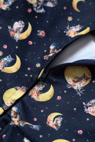 Close up View of Night Owl Print Sleeveless Swing Dress in Navy Blue