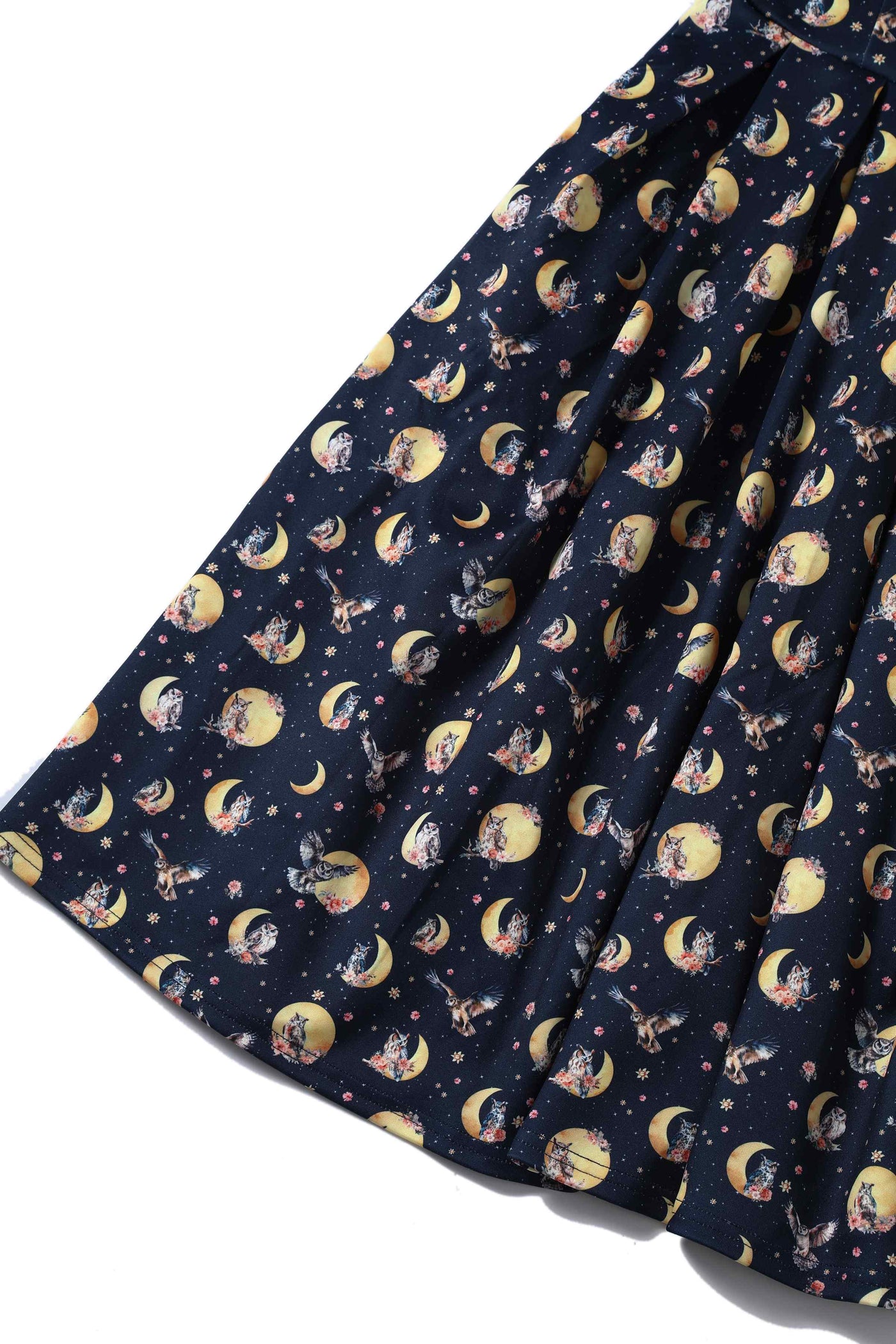 Close up View of Night Owl Print Sleeveless Swing Dress in Navy Blue