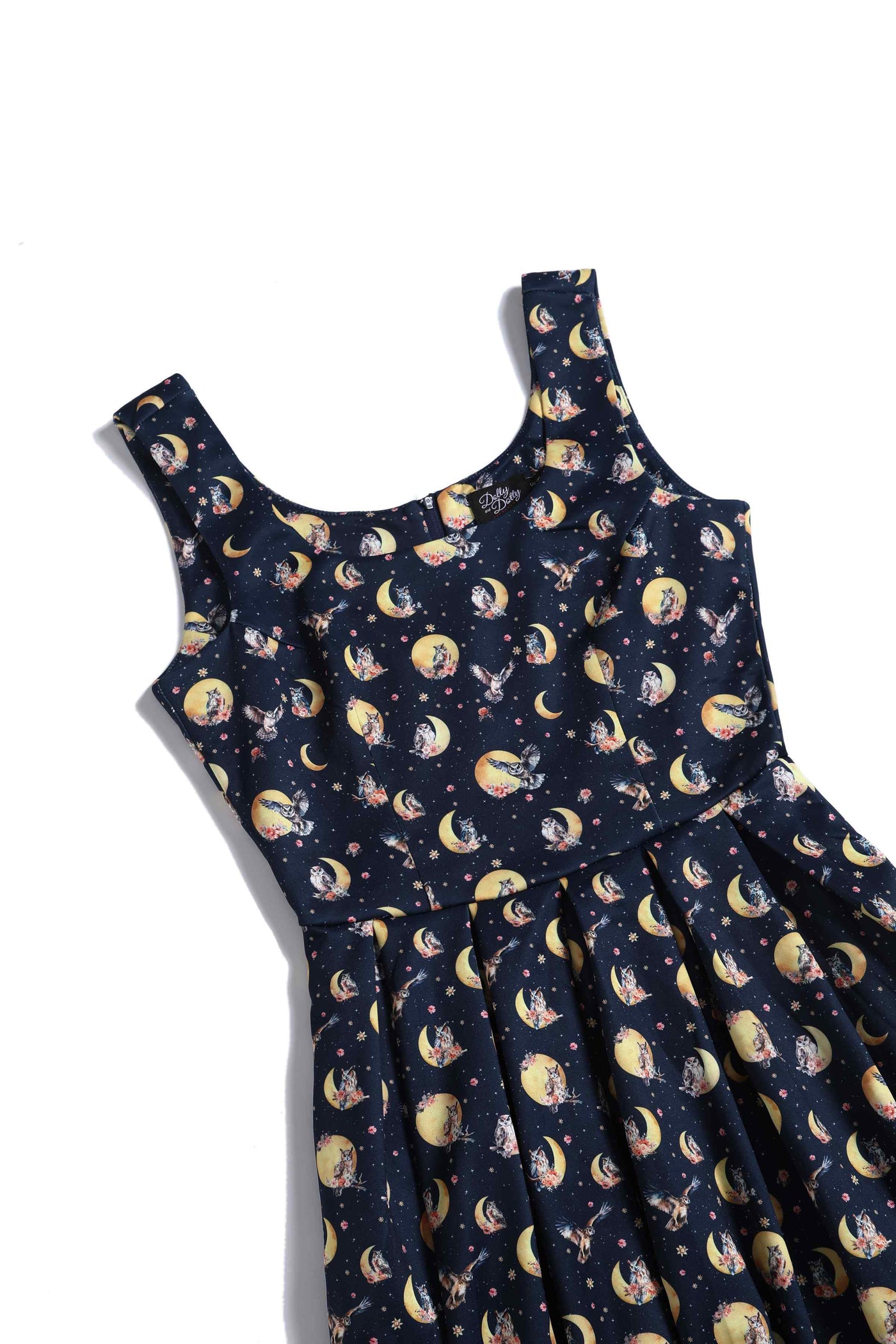 Close up View of Night Owl Print Sleeveless Swing Dress in Navy Blue