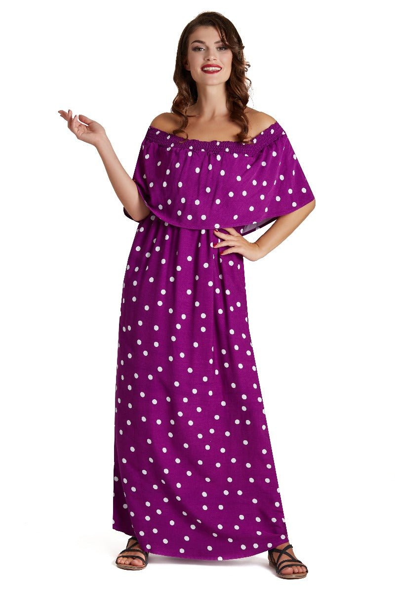  Multi Wear Off  & On the Shoulder Dress Purple Polka Dot