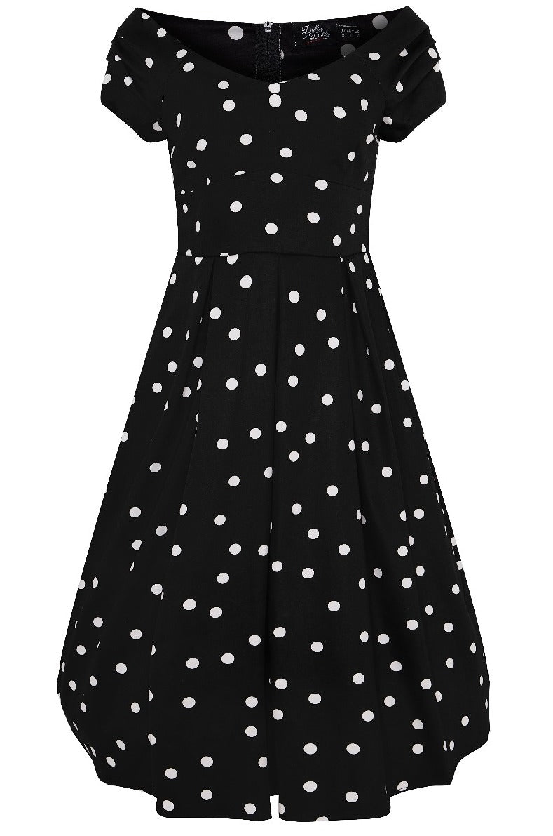 Off Shoulder 50s Polka Dot Evening Dress in Black-White