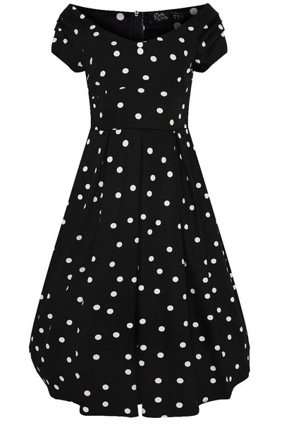 Off Shoulder 50s Polka Dot Evening Dress in Black-White