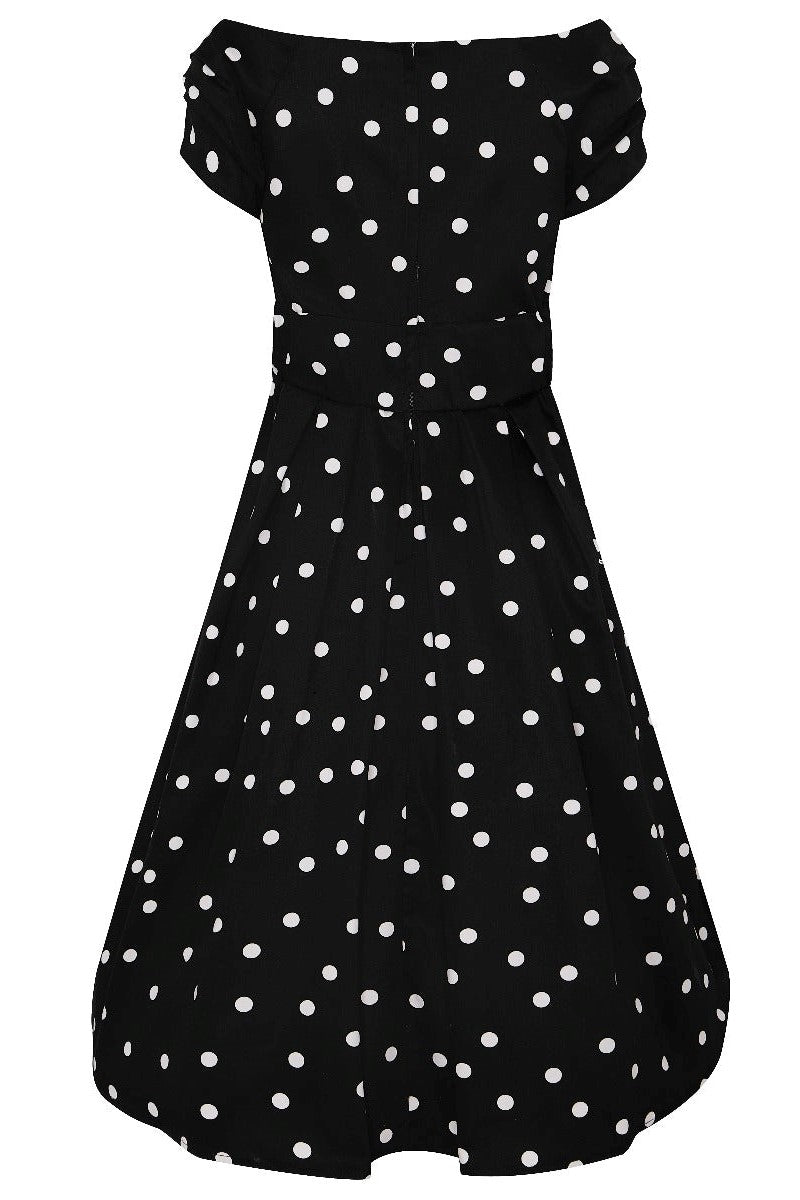 Off Shoulder 50s Polka Dot Evening Dress in Black-White