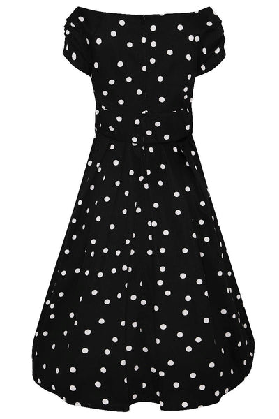 Off Shoulder 50s Polka Dot Evening Dress in Black-White