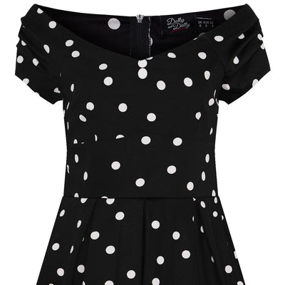 Off Shoulder 50s Polka Dot Evening Dress in Black-White