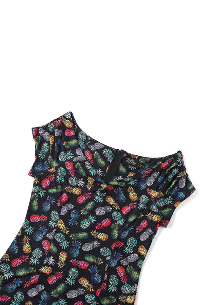 Close up view of Off Shoulder Black Pineapple Top
