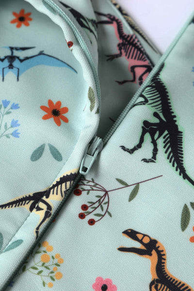 Close up  view of Off Shoulder Midi Dress with Dinosaur Fossil Print In Light Green