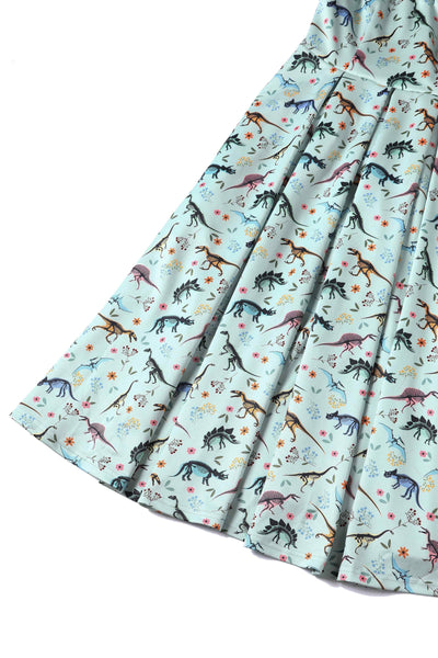 Close up  view of Off Shoulder Midi Dress with Dinosaur Fossil Print In Light Green