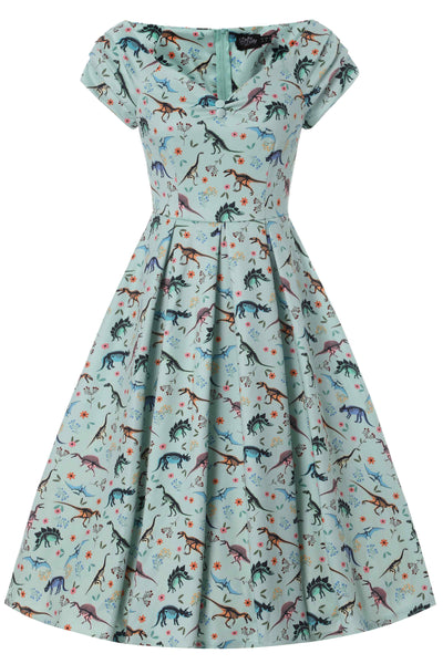 Front view of Off Shoulder Midi Dress with Dinosaur Fossil Print In Light Green