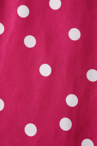 Close up view of Off-Shoulder Polka Dot Evening Dress in Hot Pink/White