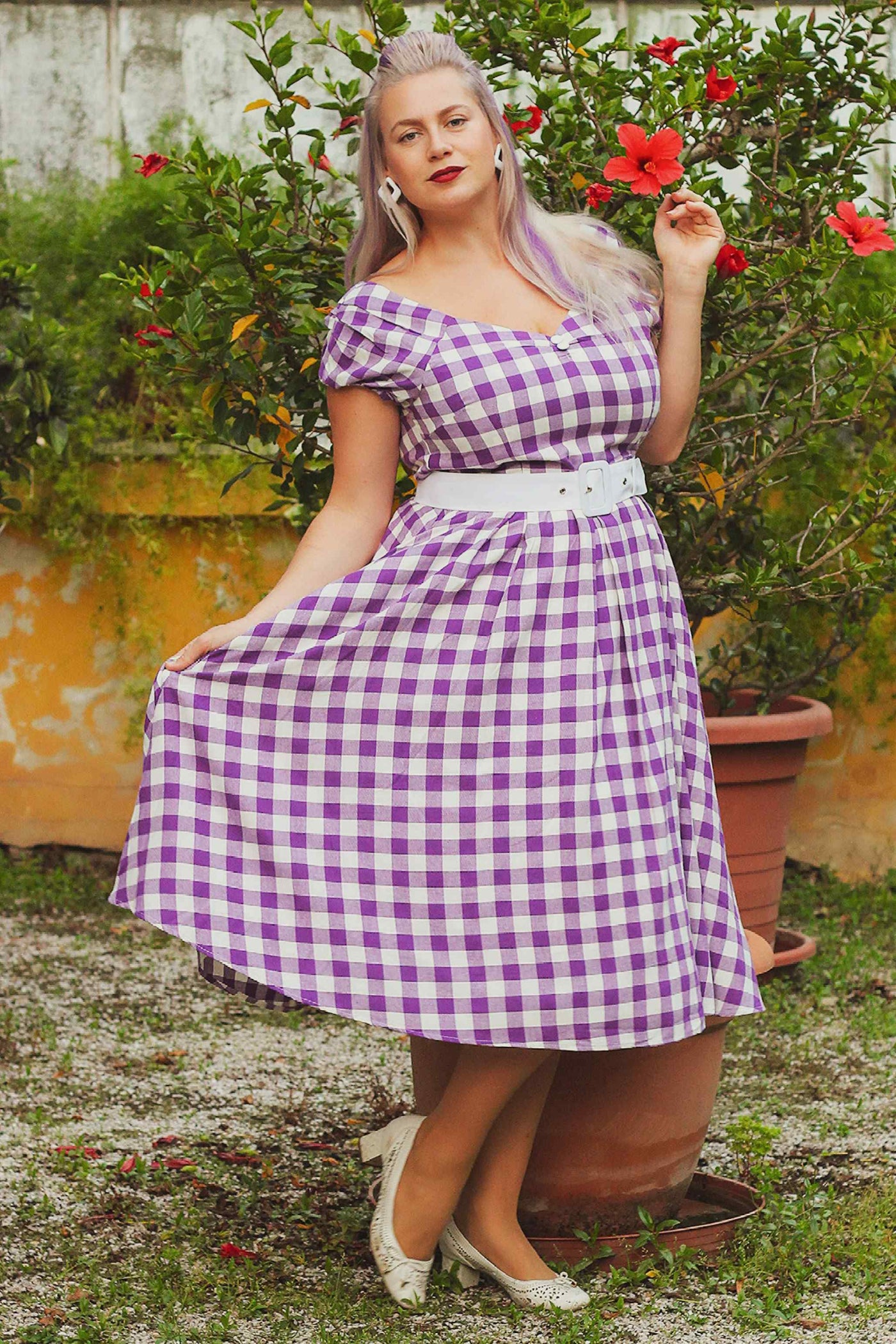 Off Shoulder Purple Gingham Dress
