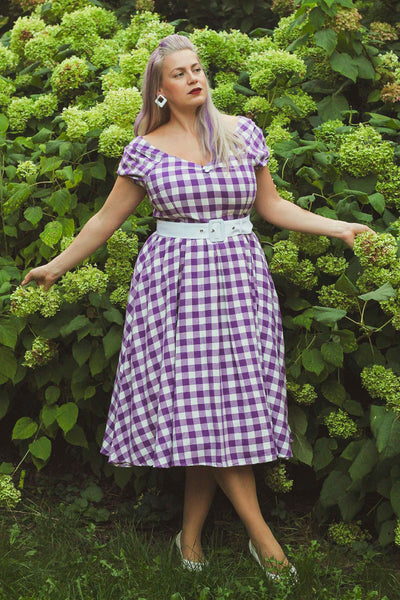 Off Shoulder Purple Gingham Dress