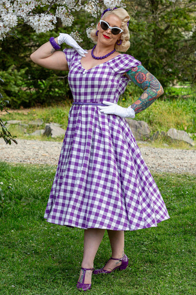 Off Shoulder Purple Gingham Dress