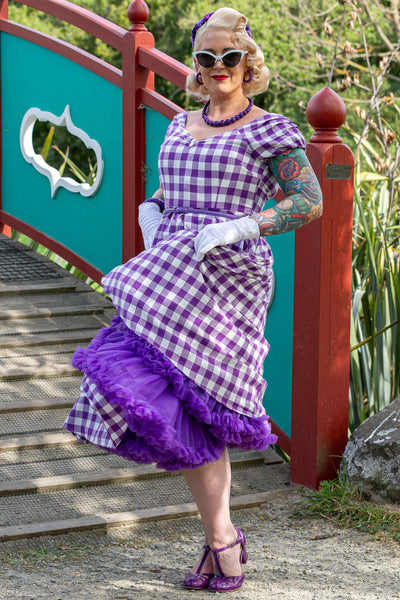 Off Shoulder Purple Gingham Dress