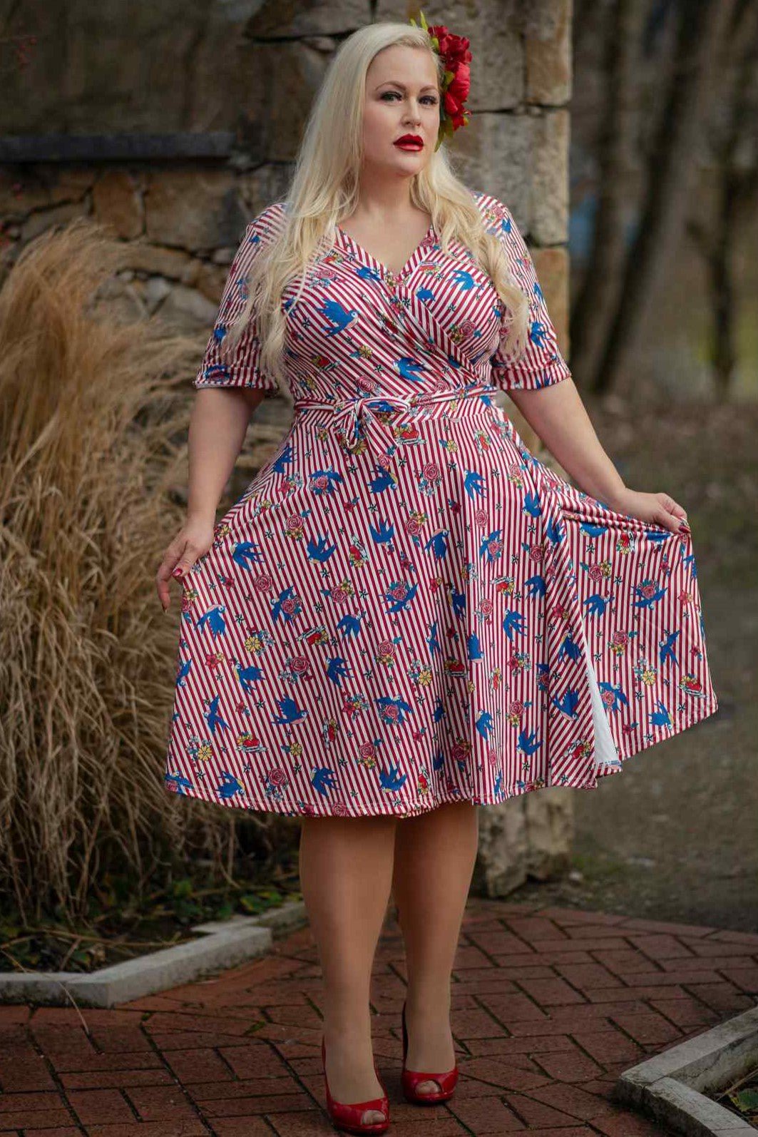 Old School Tattoo Red Striped Wrap Dress