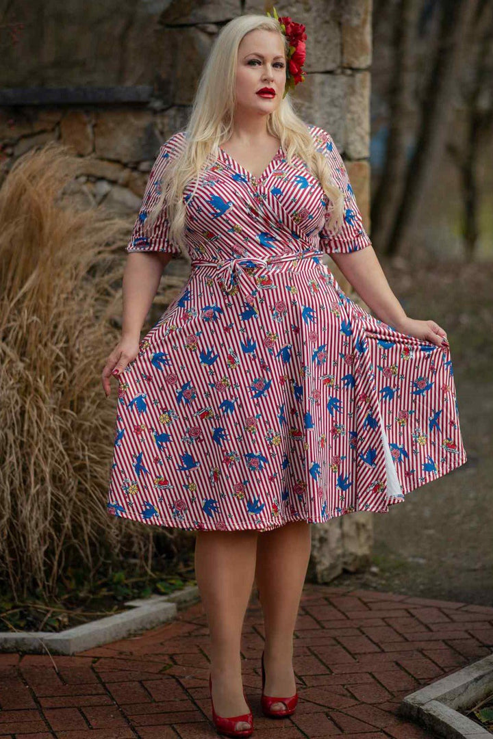 fitted lace wedding dress Matilda Old School Tattoo Wrap Dress With Blue Stripes