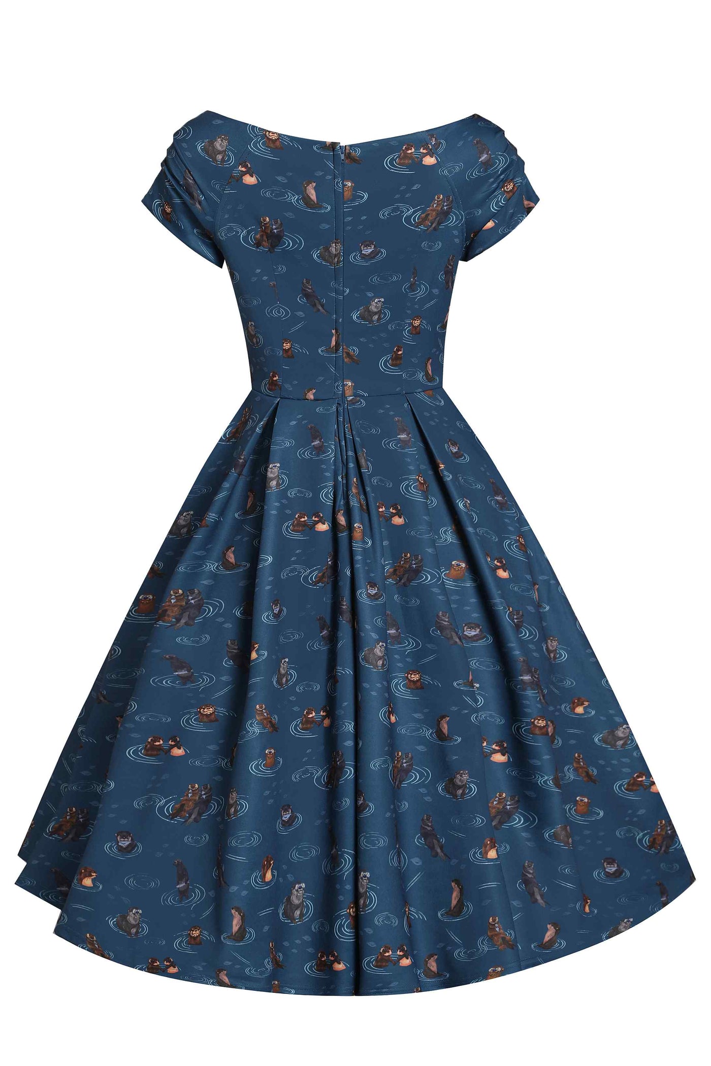 Back View of Otter Print Off-Shoulder Circle Dress in Blue