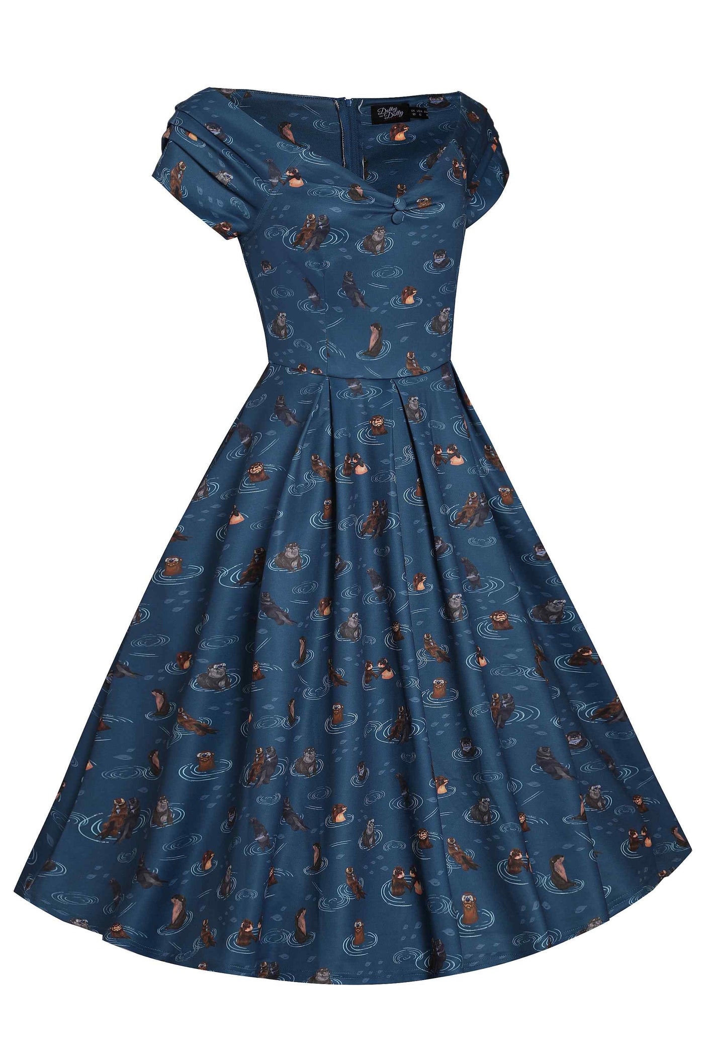Close up View of Otter Print Off-Shoulder Circle Dress in Blue