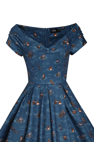 Close up View of Otter Print Off-Shoulder Circle Dress in Blue