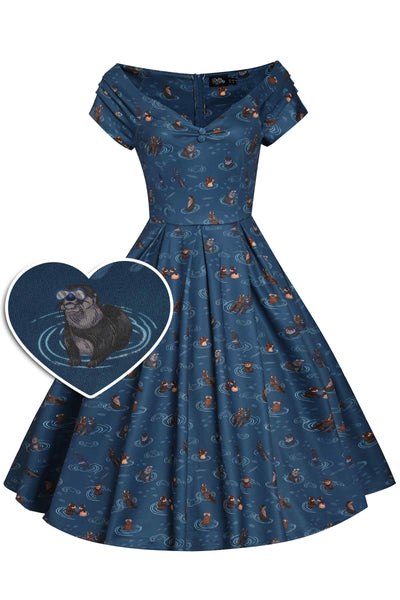 Front View of Otter Print Off-Shoulder Circle Dress in Blue