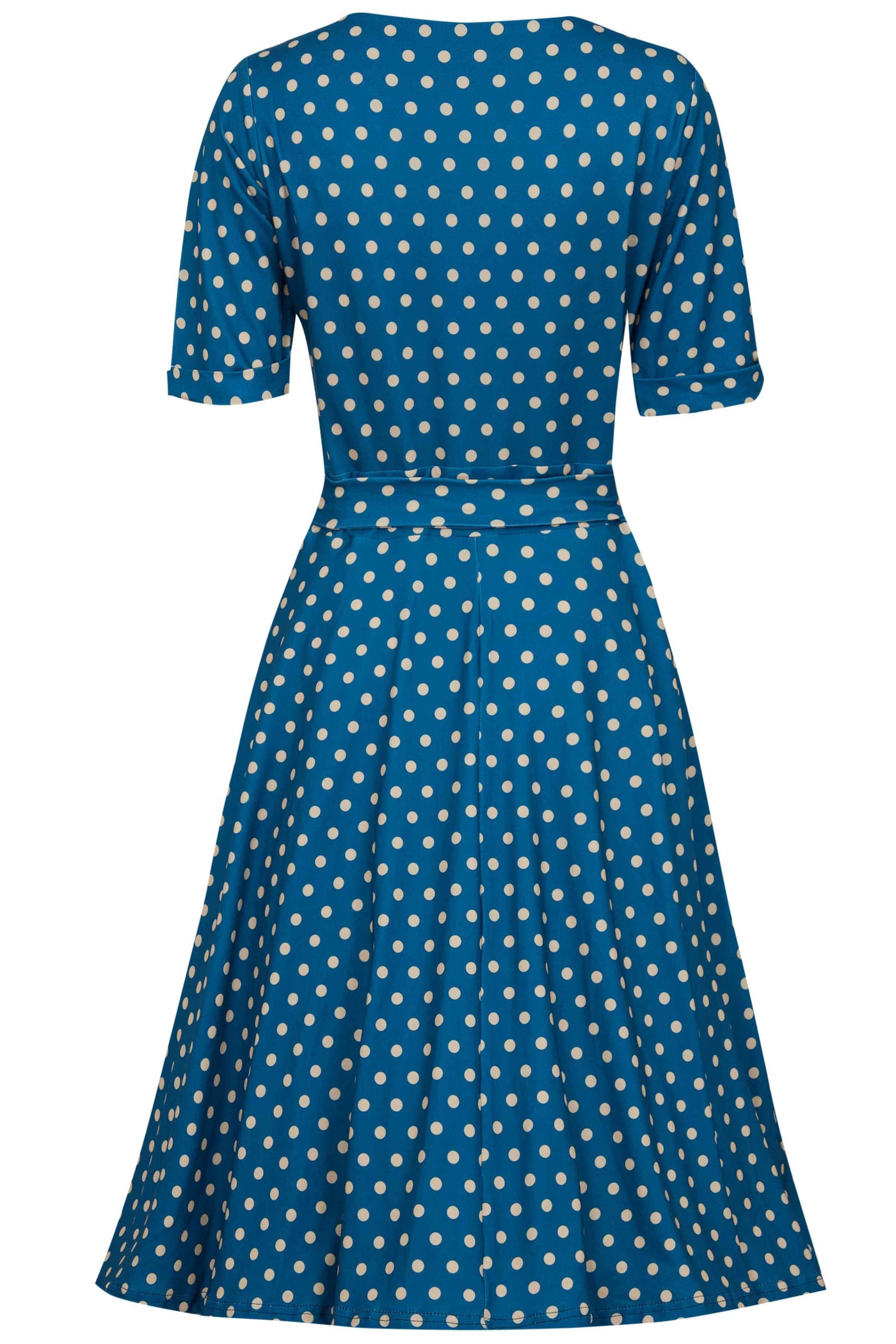 Back View of Peacock Blue and Cream Polka Dot Wrap Dress