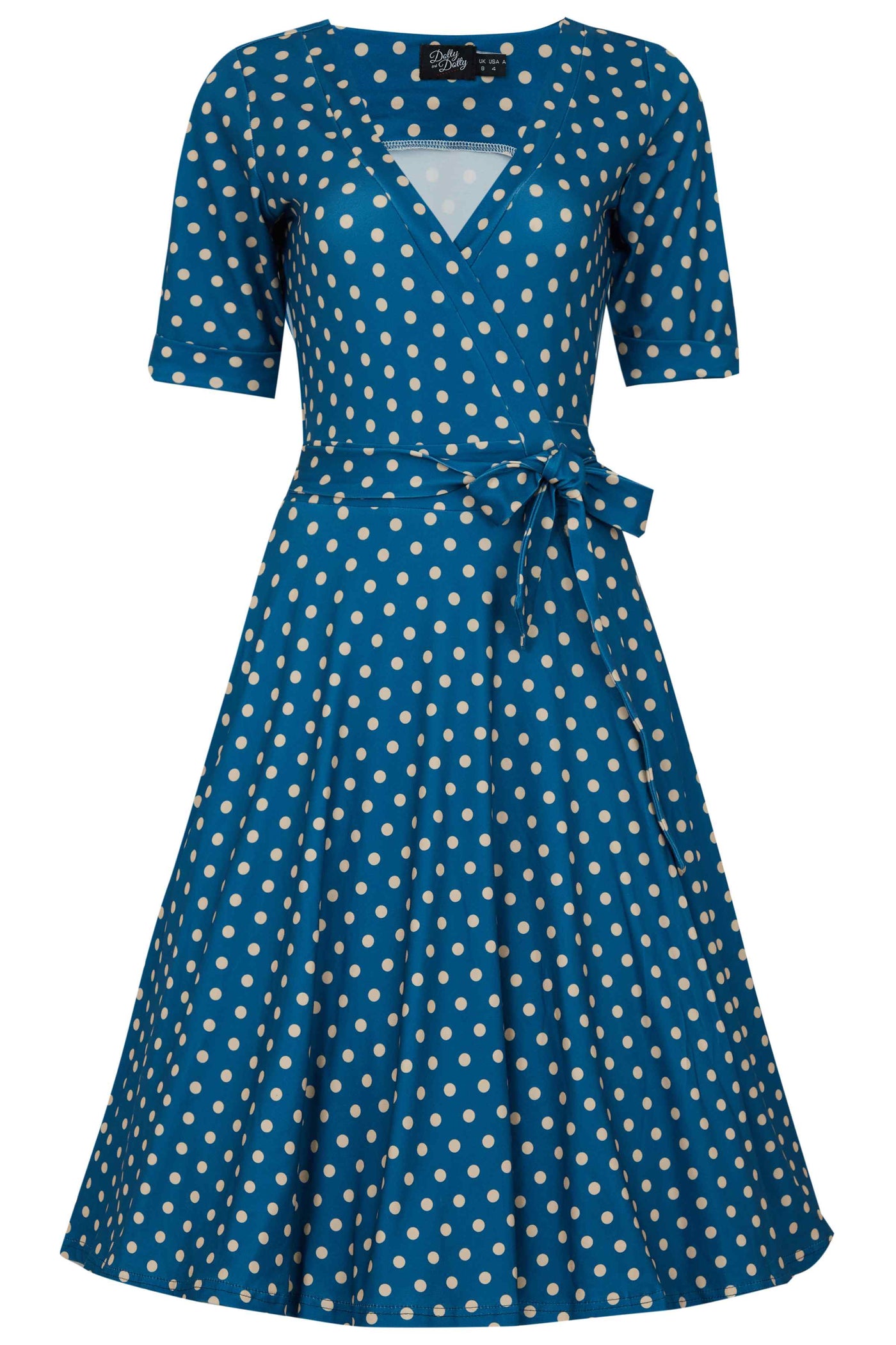 Front View of Peacock Blue and Cream Polka Dot Wrap Dress