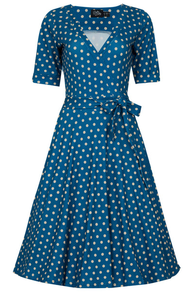 Front View of Peacock Blue and Cream Polka Dot Wrap Dress