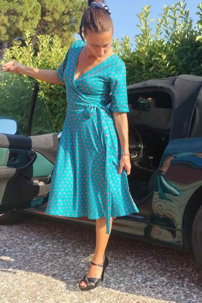 Peacock Blue & Pink Polka Dot Wrap Dress