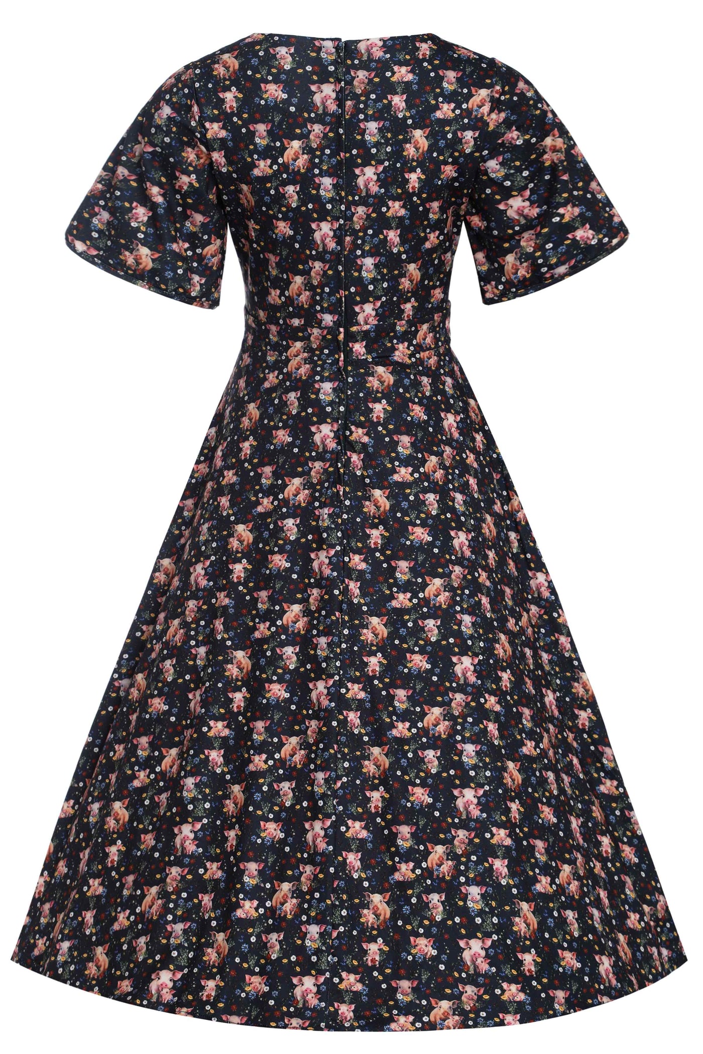 Back view of Pig Print Petal Sleeved Dress in Black