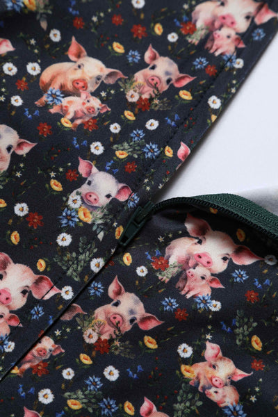 Close up view of Pig Print Petal Sleeved Dress in Black