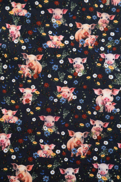 Close up view of Pig Print Petal Sleeved Dress in Black