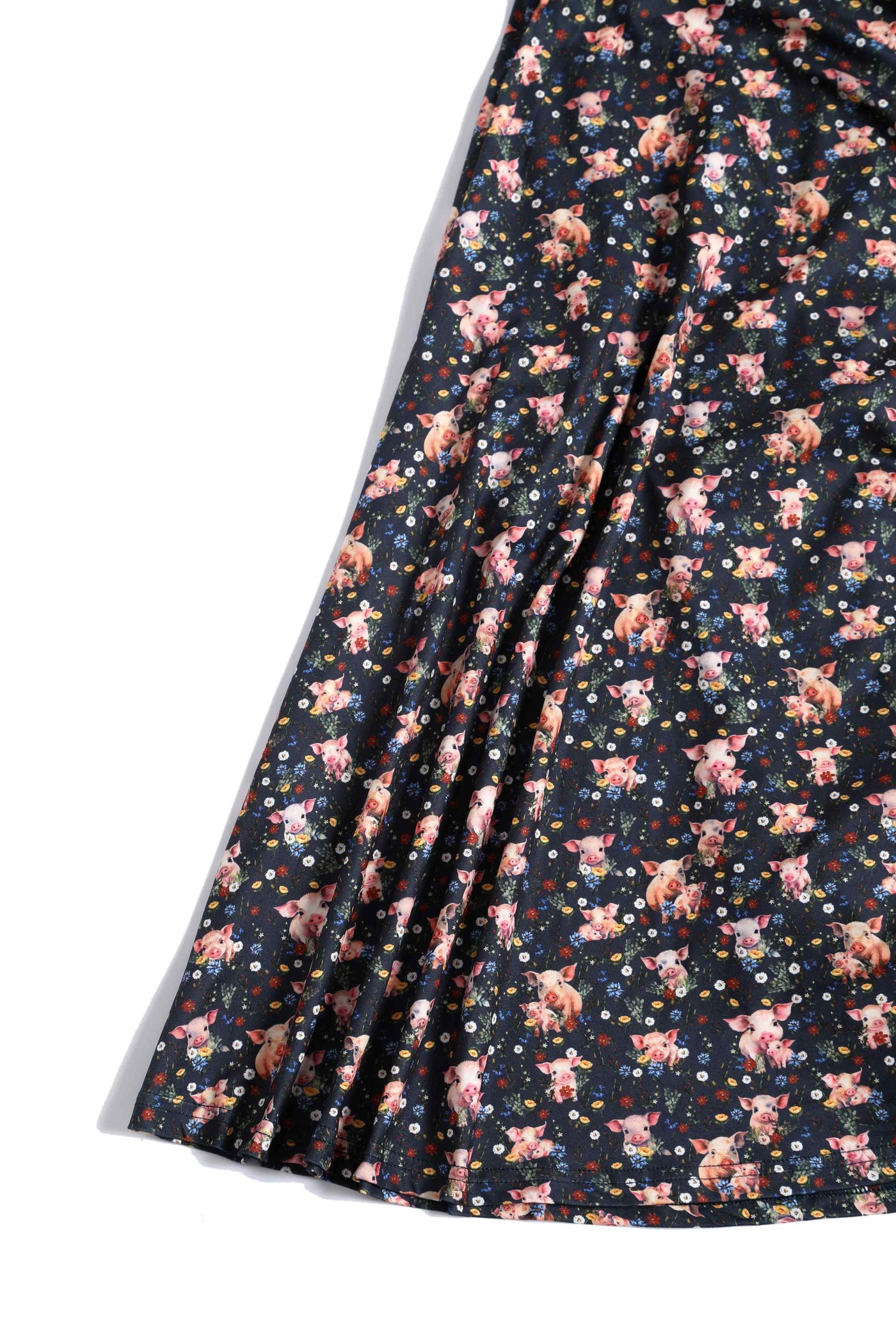 Close up view of Pig Print Petal Sleeved Dress in Black