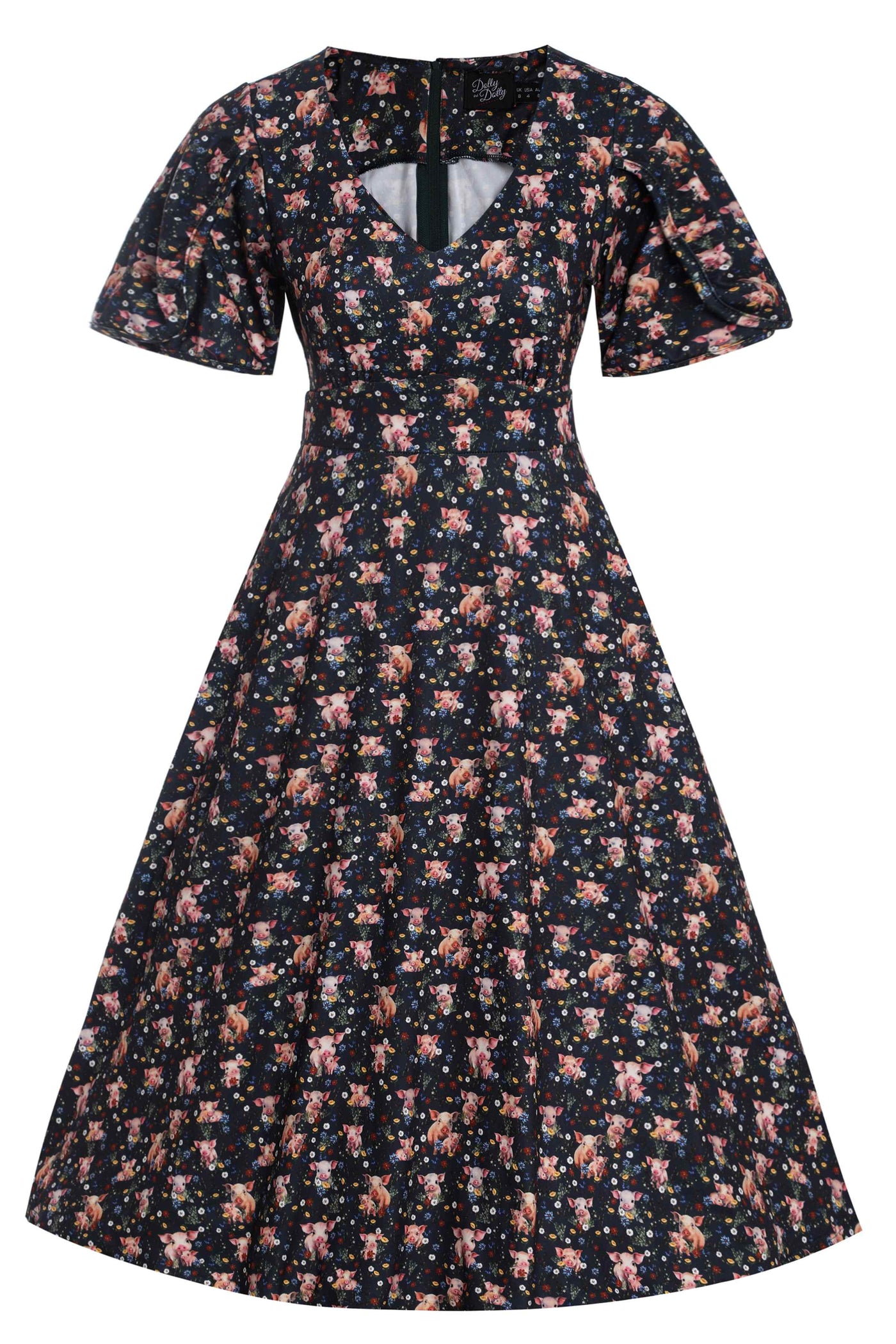 Front view of Pig Print Petal Sleeved Dress in Black