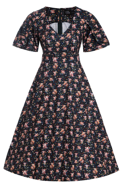 Front view of Pig Print Petal Sleeved Dress in Black