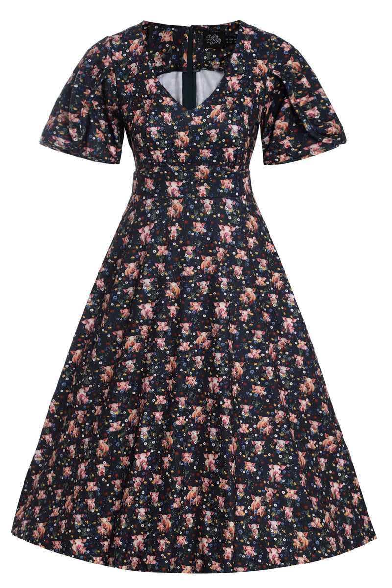 Front view of Pig Print Petal Sleeved Dress in Black