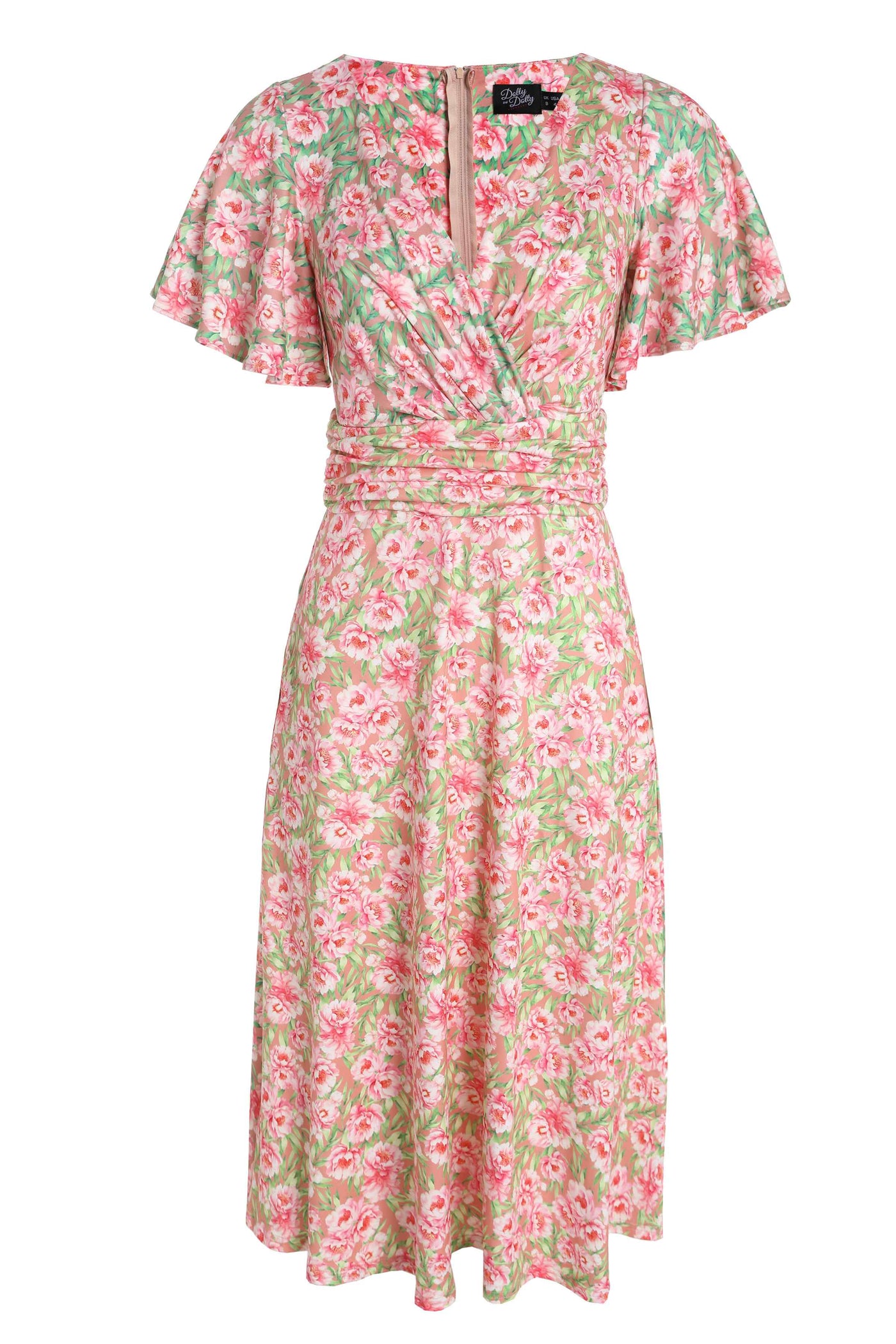 Front View of Pink Floral Casual Short Sleeved Dress