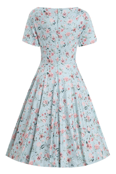 Back view of Pink Rose Print Flared Dress In Baby Blue
