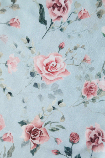 Close up view of Pink Rose Print Flared Dress In Baby Blue