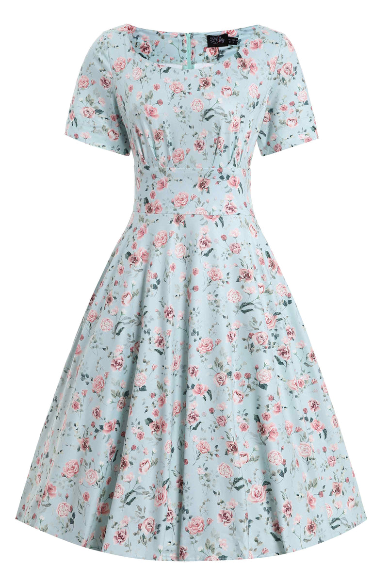 Front view of Pink Rose Print Flared Dress In Baby Blue
