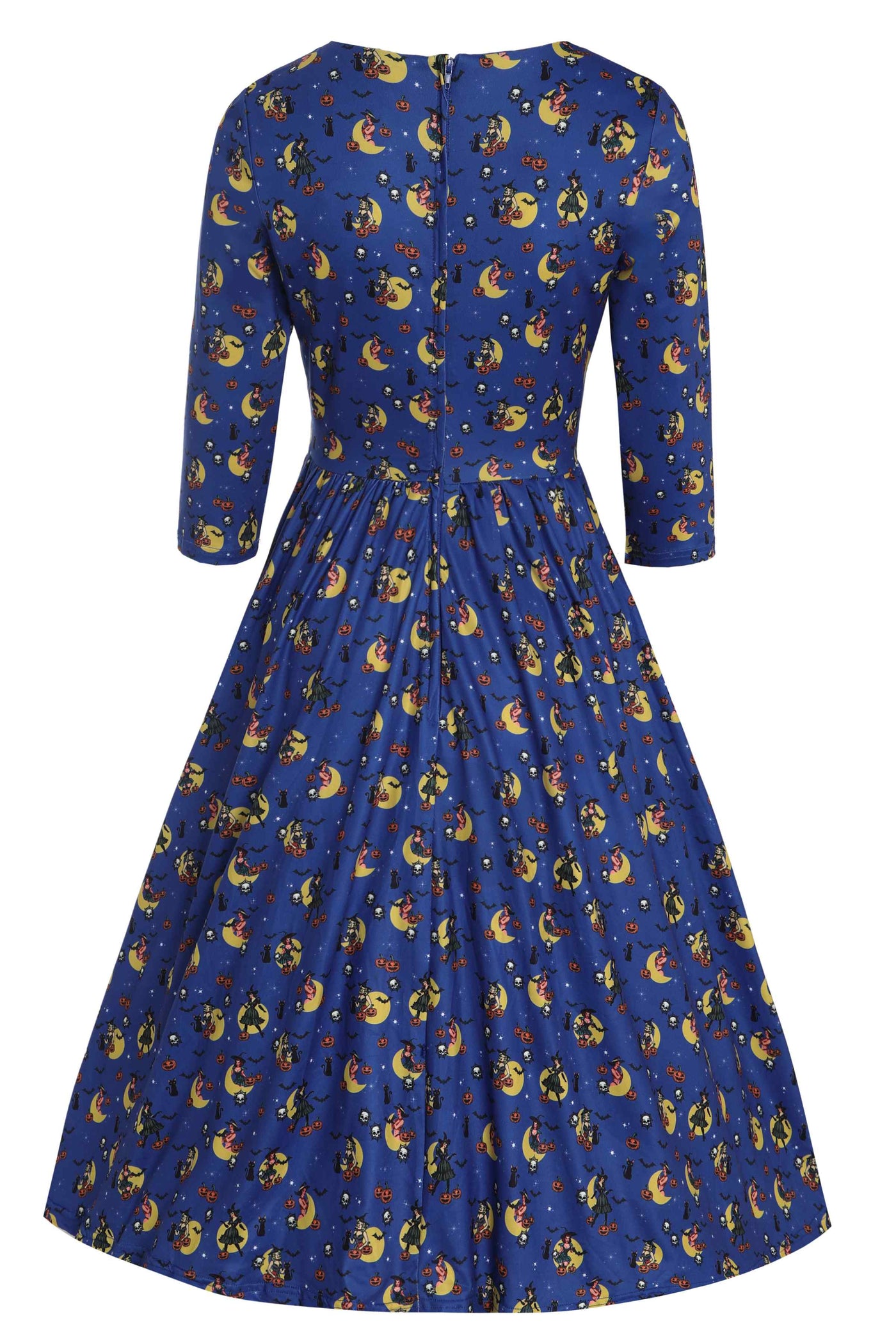 Back View of Pinup Witch Print Long Sleeved Dress in Blue