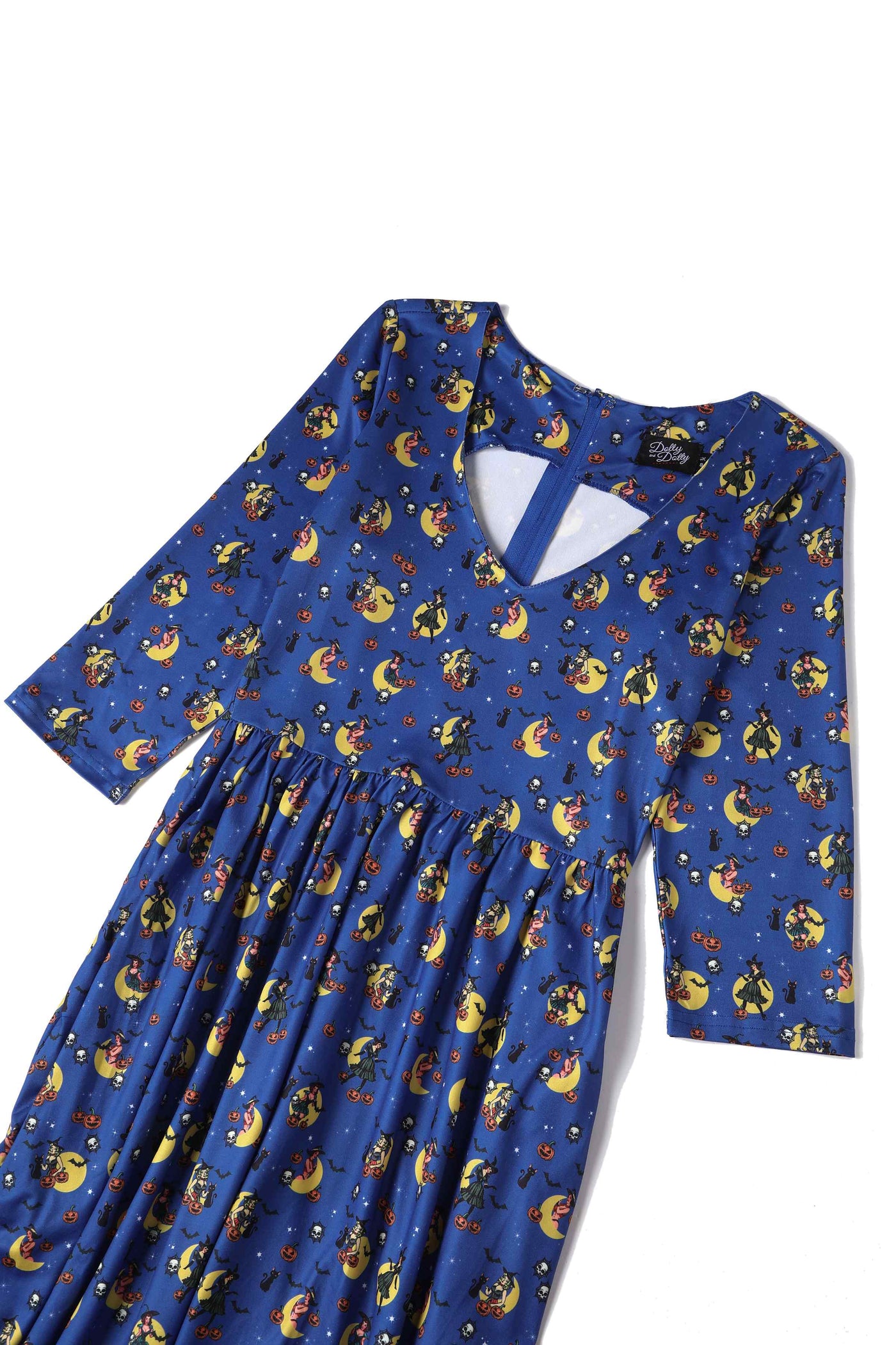 Close Up View of Pinup Witch Print Long Sleeved Dress in Blue