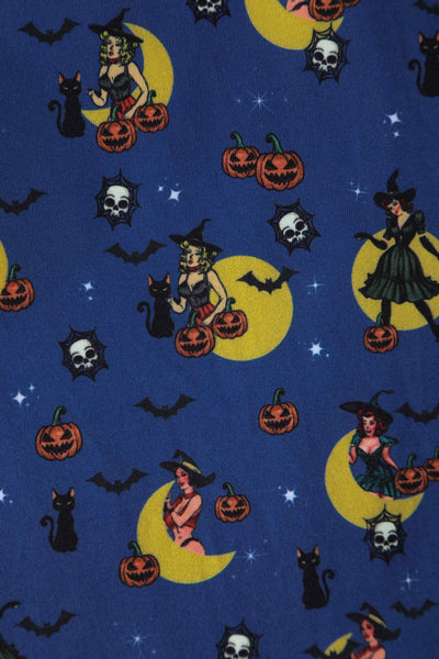 Close Up View of Pinup Witch Print Long Sleeved Dress in Blue