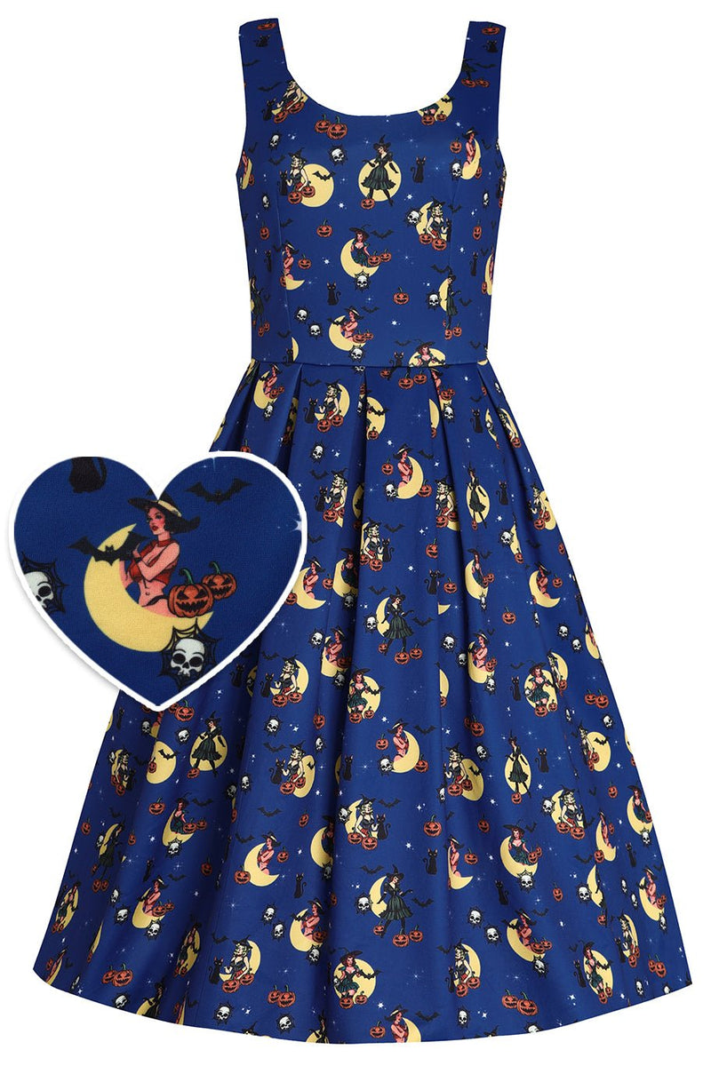 Witch Print in Blue Sleeveless Swing Dress