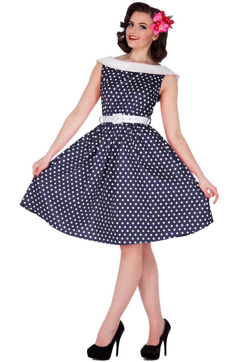 Retro Low V Back Spot Swing Dress in Navy Blue