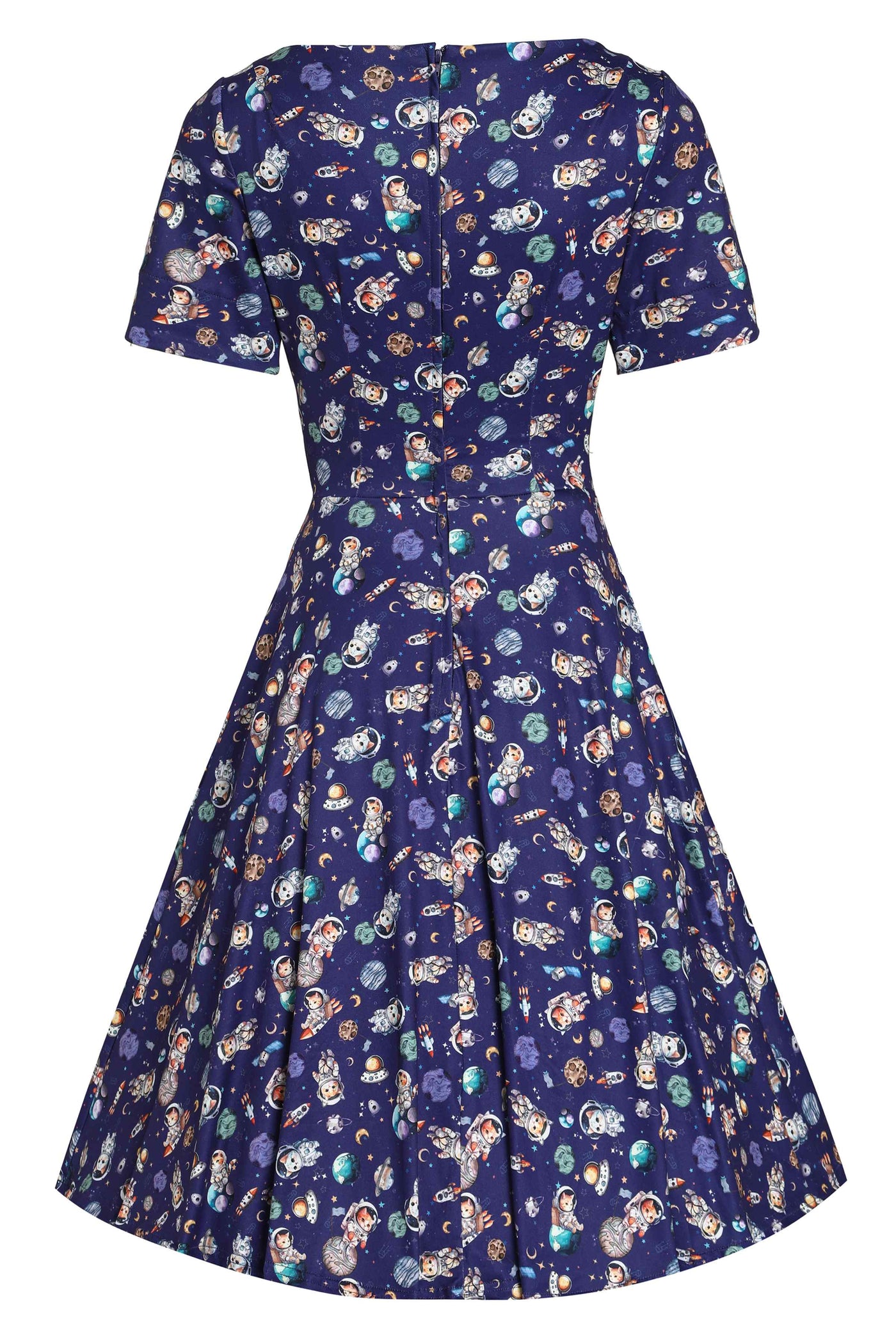 Back View of Purple Astronaut Cat In Space Flared Dress in Blue