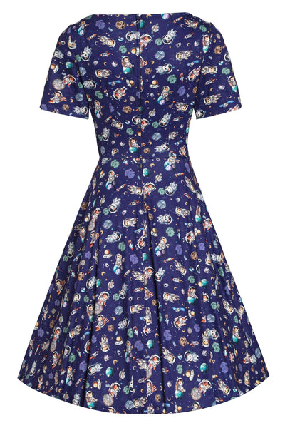 Back View of Purple Astronaut Cat In Space Flared Dress in Blue