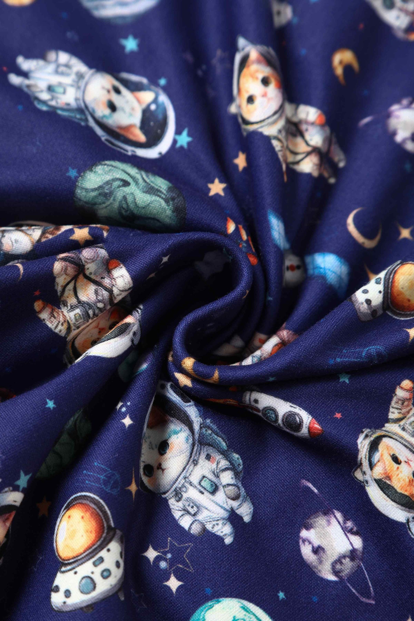 Close up View of Purple Astronaut Cat In Space Flared Dress in Blue
