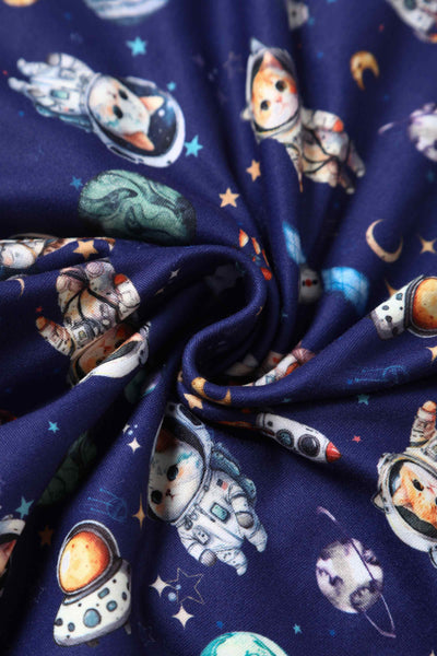Close up View of Purple Astronaut Cat In Space Flared Dress in Blue