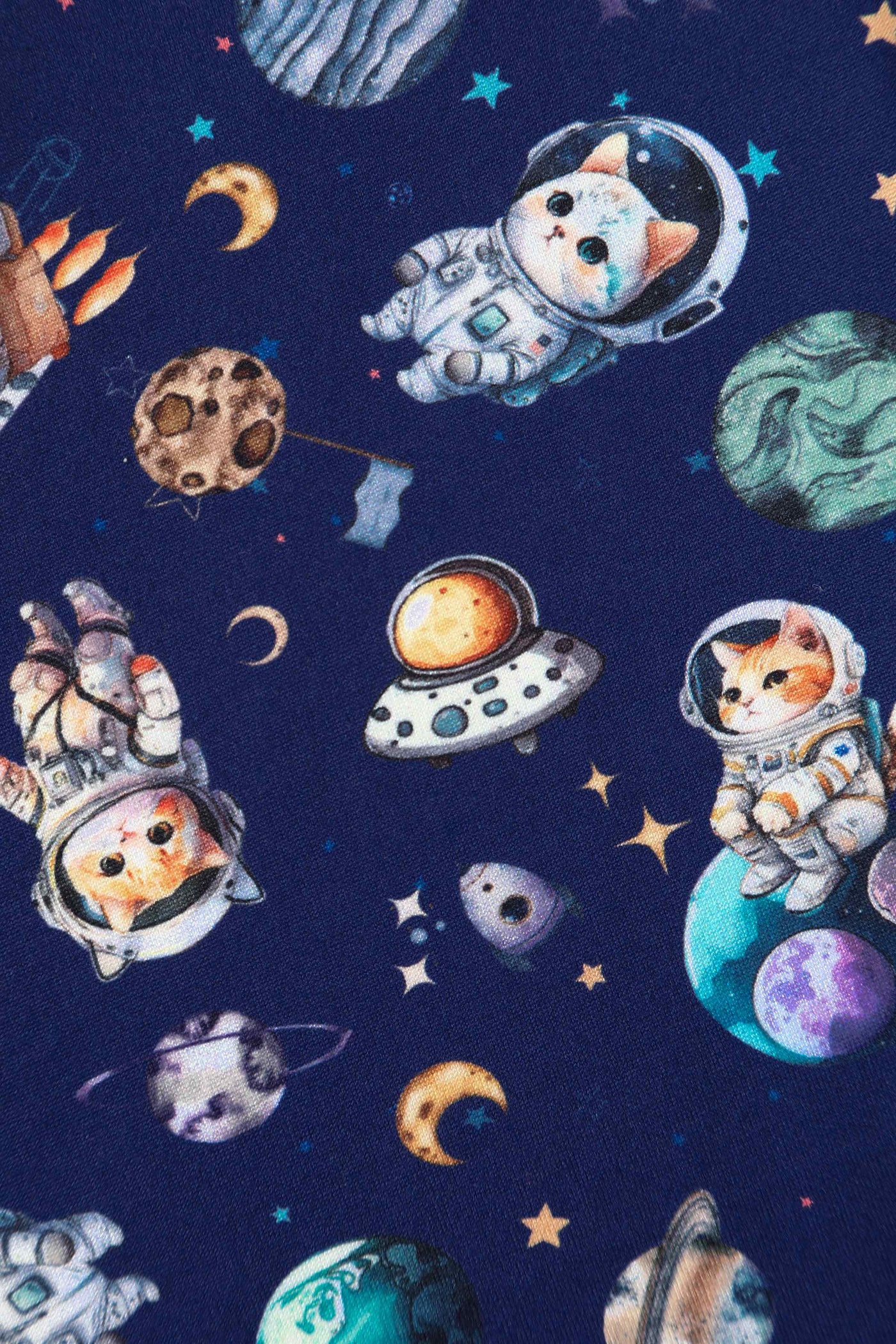 Close up View of Purple Astronaut Cat In Space Flared Dress in Blue