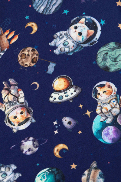 Close up View of Purple Astronaut Cat In Space Flared Dress in Blue